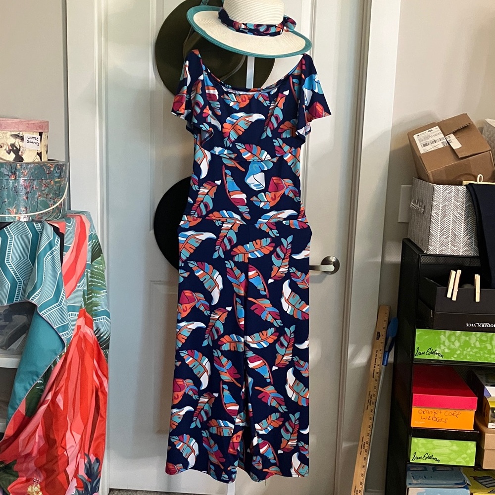 Escapada Navy Multicolor Leaf-Print Jumpsuit & Be… - image 1